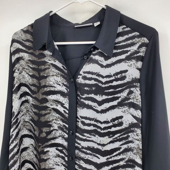 Susan Graver Women's Black and Grey Tiger Print Button Down 3/4 Sleeve Shirt 12 - Picture 5 of 9